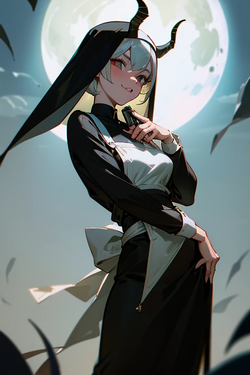 young nun with devilish features, exaggerated with goat horns, deep skin and a skinny yet curvy silhouette. Sporting silver hair, lip gloss, and a waist apron, giggling mischievously while pulling her dress and holding a gun. High-resolution shot with absurd details, under cinematic lighting and depth of field, set against a tan background under a full moon with rain, surrounded by magic circles and intense shadows. Dramatic shadows