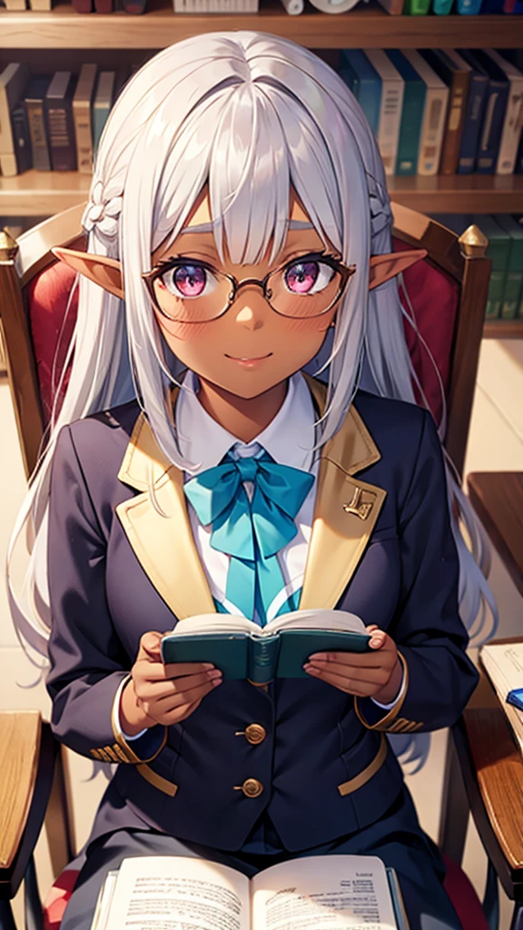 1 Elf girl, Tanned dark skin, Beautiful golden eyes, Beautiful silver hair, Pointy Ears, Pink Lips, Description of upper body, Tied Hair, high school girl, long sleeve blazer uniform, library, Chair seat, I have a book, Under-rim glasses, Looking at the audience, smile, blush, look up, Be kind to your audience,