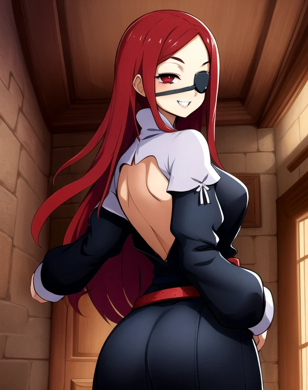 Marietta, right eyepatch, long red hair, grin, red eyes, 
blue roped belt,long sleeves,black dress, castle, indoors,  
 (insanely detailed, beautiful detailed face, masterpiece, beautiful detailed eyes, best quality) room leaning back, posing, from behind, ass support looking at viewer, 
 