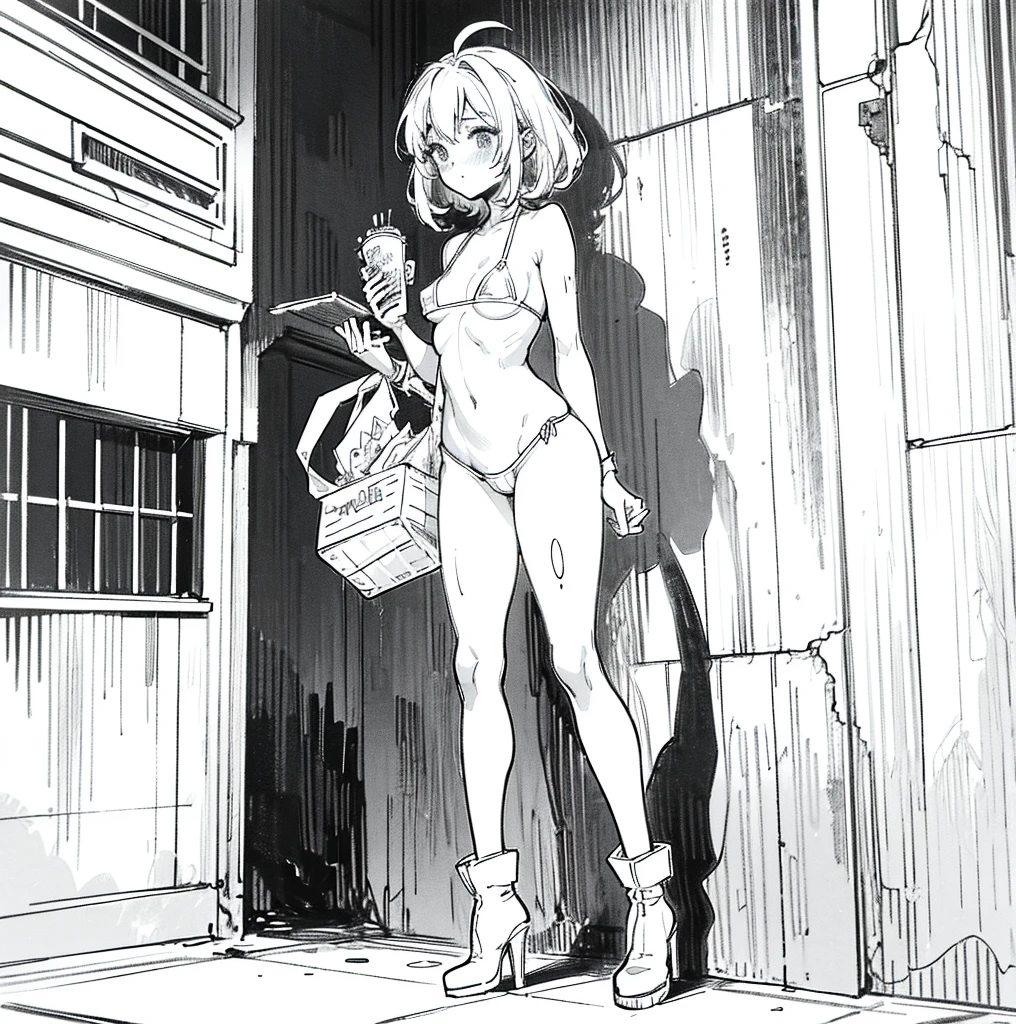 on a wall chained in a brick prison pretty ragged anime characters together over one another over the top of them a hard light blushing lewd face while wearing very tight boots micro leaf bikini, standing an animated figure with white skinny body a bread and a goey goop behind her is speech bubble