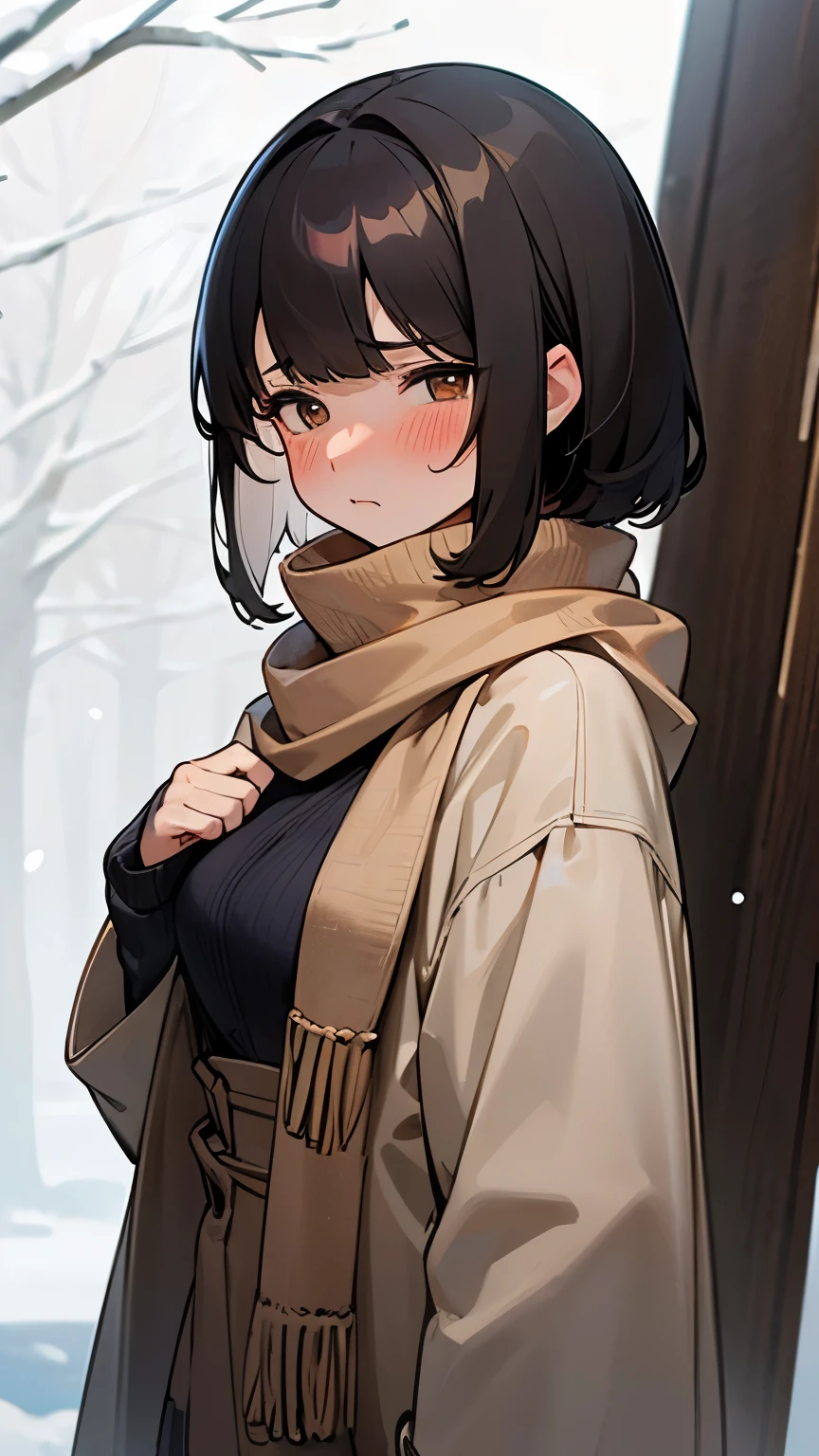A girl with a black short hair style, she had a big chest, long bangs, white eyes, expressive face, cute face, tsundere face, blushing, brown scarf, wool sweater, winter, a snowy shrine background behind her
