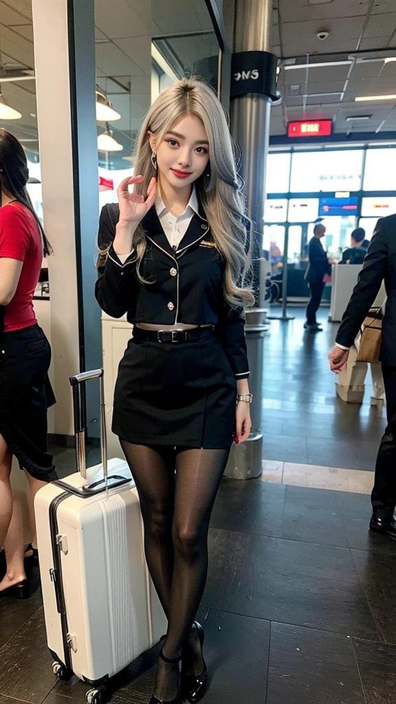 （Flight attendant 1.5），（true to life，Photorealistic 1.5）,((best qualtiy, 8K, tmasterpiece:1.3)),SLR camera (double eyelid，largeeyes:1.3),（a little smile 1.3），（Full body photo 1.5）（One Korean lady 1.5）Clear focus 1.2, Perfect body beauty:1.4 , Delicate skin1.1，（Silvery-white hair 1.6），（Wave curls 1.4），（Pure desire 1.3）(Black pantyhose 1.5)（The leg length is one meter two，1.5），flightattendantuniform，Flight suit，Slender legs，high-heels，With earrings，Wristband jade bracelet, airline lobby