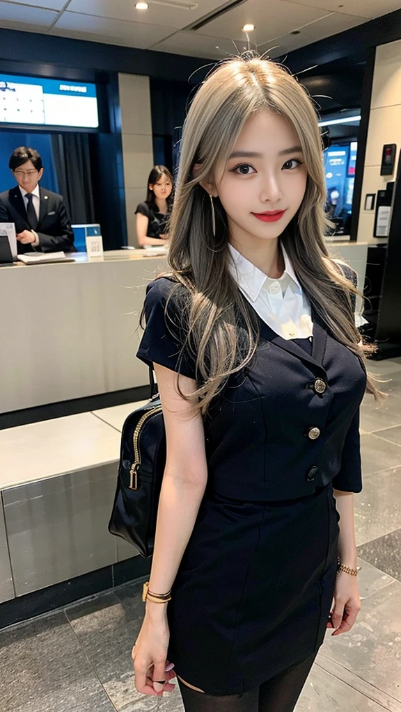 (Flight attendant 1.5),(true to life,Photorealistic 1.5),((best qualtiy, 8K, tmasterpiece:1.3)),SLR camera (double eyelid,largeeyes:1.3),(a little smile 1.3),(Full body photo 1.5)(One Korean lady 1.5)Clear focus 1.2, Perfect body beauty:1.4 , Delicate skin1.1,(Silvery-white hair 1.6),(Wave curls 1.4),(Pure desire 1.3)(Black pantyhose 1.5)(The leg length is one meter two,1.5),flightattendantuniform,Flight suit,Slender legs,high-heels,With earrings,Wristband jade bracelet, airline lobby