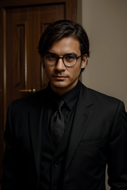 A man wearing glasses and wearing a black suit