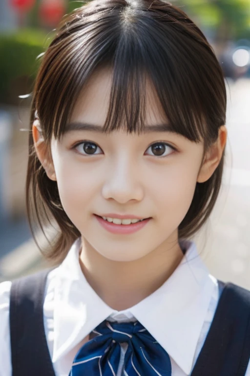 ((Cute Japanese))、on the road、Highly detailed face、Pay attention to the details、double eyelid、Beautiful thin nose、Sharp focus:1.2、Beautiful woman:1.4、Cute Hairstyles、Pure white skin、Highest quality、masterpiece、Ultra-high resolution、(Realistic:1.4)、Highly detailed and professional lighting、nice smile、Japanese school girl uniform