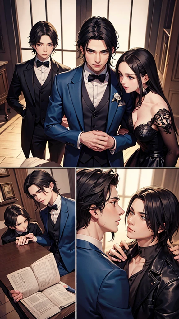 Three boys: Noah is a human and Alex is a vampire, while Victor is a werewolf. Alex is a cold and elegant vampire who is very possessive of Noah. Victor is a popular werewolf with a dingin personality, but he is also gentle and kind towards Noah...Noah is standing between Alex and Victor. They are all in a room, and the atmosphere is somewhat tense. Alex is looking at Noah with a possessive gaze, while Victor is trying to remain calm. Noah is a bit nervous, but he feels safe with both of them.