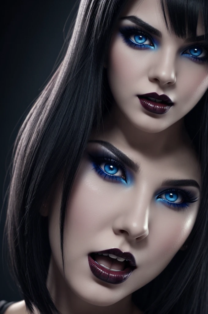 Attractive girl with big blue eyes, White skin, eyeliner and open mouth showing vampire fangs, short black hair with bob bangs, voluminous lips, thin nose, slim bodies nsfw big tits, Image 1.2, high resolution 12k gothic makeup fanart Awesome