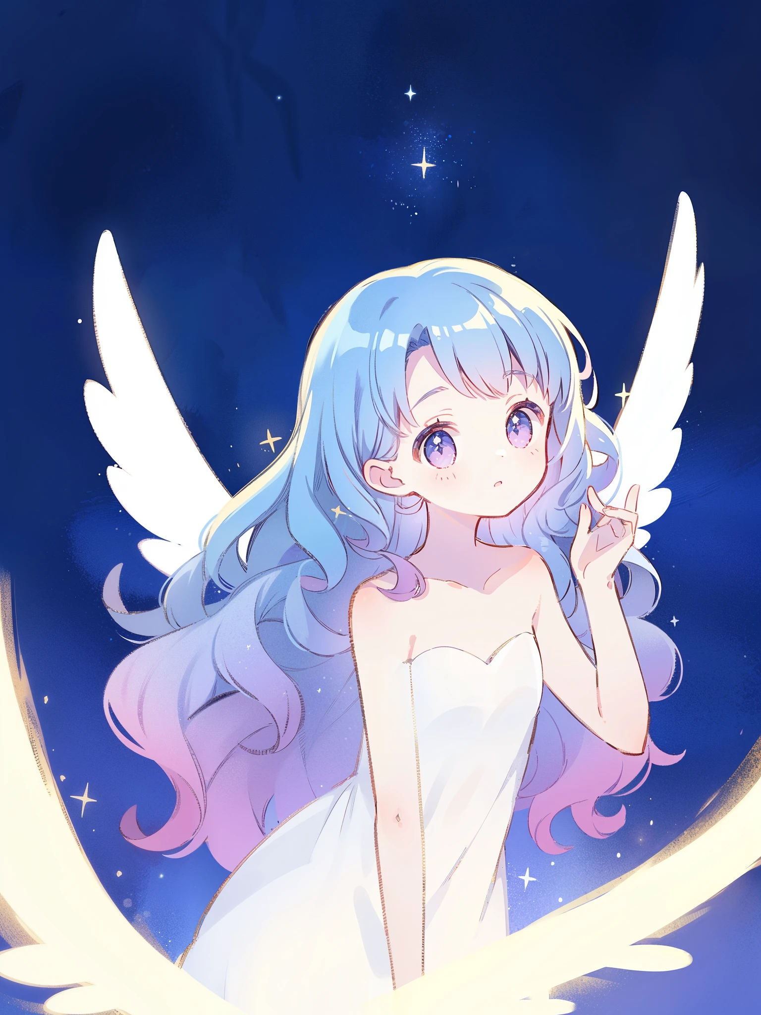 nude angel girl wearing an ethereal translucent dress, pale skin, ((wavy gradient blue purple hair)), white feathers, angel wings, sparkling detailed eyes, golden ratio face, perfect composition, highly detailed, ethereal, (starry night sky background), midjourney style