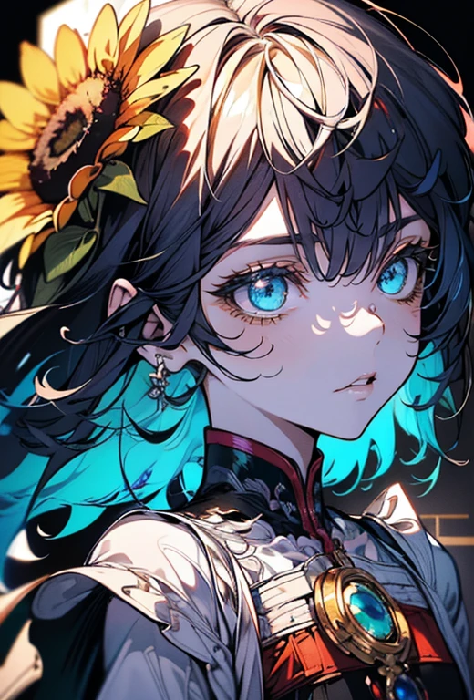 ((8K resolution))、((highest quality))、((masterpiece))、((Super detailed))((((dramatic))), (((Rough feeling))), (((intense)))、whole body、a handsome guy、woman、sunflower field、twilight、Wedding dress、tattoo、short hair、two block、white、yellow、green、green、flower々、flower火、Clear shadows、lively, front,rich colorful,have confidence,coil,scene,boldness,to attract attention,smart、tendency、i concentrate