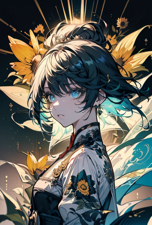 ((8K resolution))、((highest quality))、((masterpiece))、((Super detailed))((((dramatic))), (((Rough feeling))), (((intense)))、whole body、a handsome guy、woman、sunflower field、twilight、Wedding dress、tattoo、short hair、two block、white、yellow、green、green、flower々、flower火、Clear shadows、lively, front,rich colorful，have confidence，coil，scene，boldness，to attract attention，smart、tendency、i concentrate
