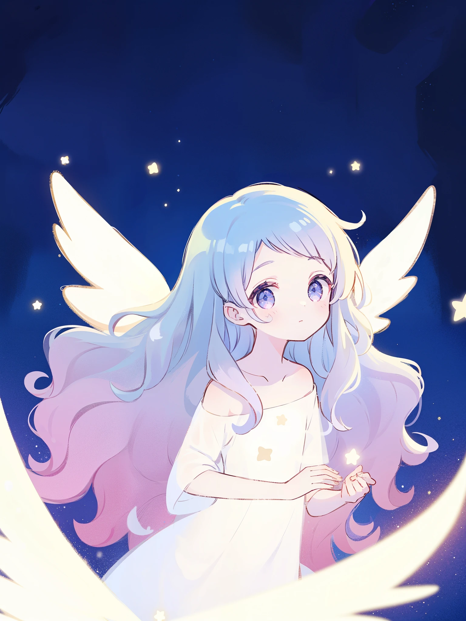 nude angel girl wearing an ethereal translucent dress, pale skin, ((wavy gradient blue purple hair)), white feathers, angel wings, sparkling detailed eyes, golden ratio face, perfect composition, highly detailed, ethereal, (starry night sky background), midjourney style