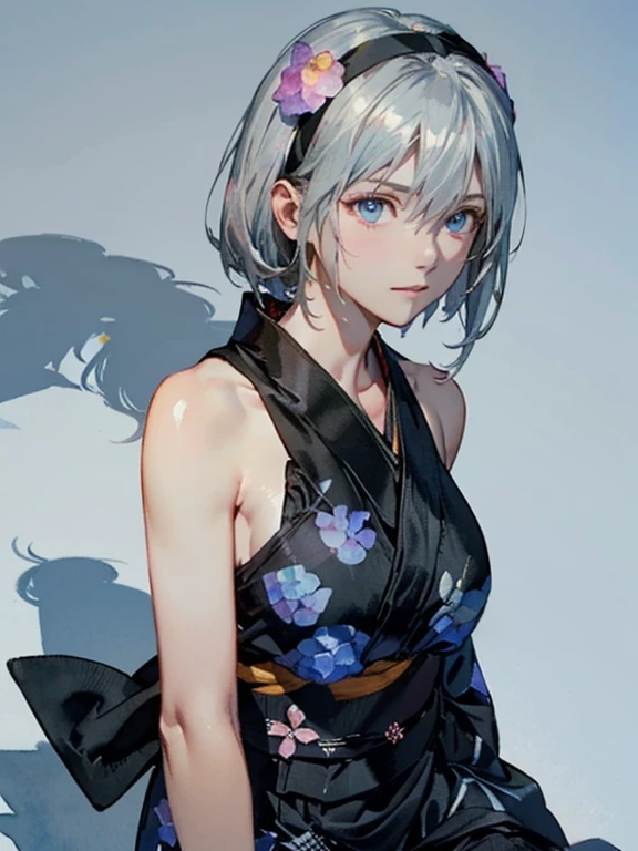 {(blue glowing eyes:1,4),(sensual look:1.4)},BREAK{(anime screencap:1),(japanese anime style:1.2),(watercolor image:1.2),sketch,overall light color},{(simple configuration:1.1),(look away:1.2)},{(simple light_blue background:1.4),(hydrangea:1.4),(shadow on background:1.4)},BREAK,{(fower pattern on black yukata:1.4),(Show shoulders:1.5)},BREAK,{(thigh:1.4),(sweat on the neck:1.2)},{(solo, YoRHa type of Nier Automa):1.2, (white_silver colored hair:1.4), short cut hair, (blue glowing eyes:1,4),(black bandana:1.5)},{(masterpiece,best quality, 8K UHD, extremely detailed CG, detailed beautiful face and eyes and skin and hair)