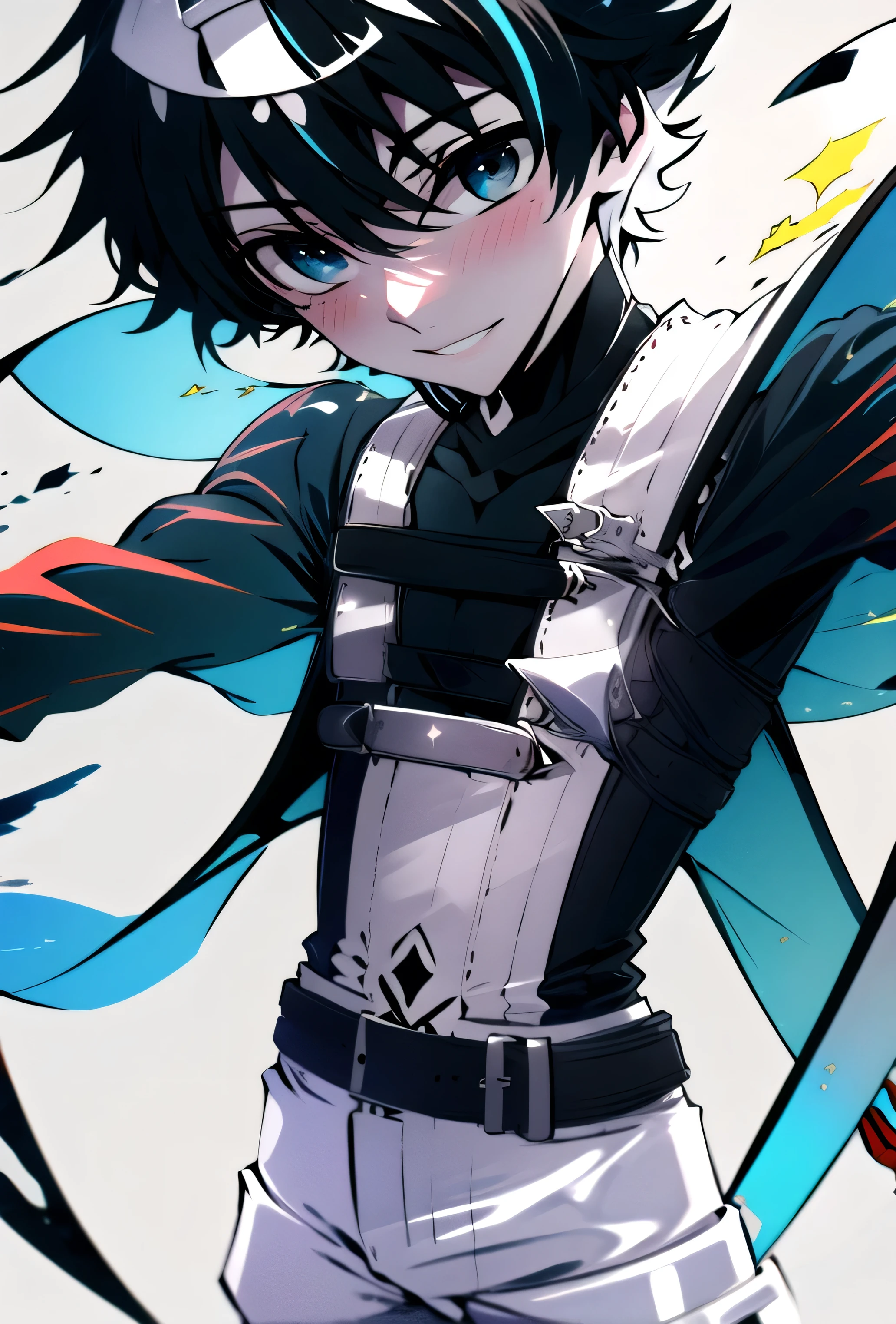 (masterpiece), (HDR), absurdres, (best quality), (ultra high quality), (hi-res), (((cowboy shot))), (1boy), solo, alone, mature, charlemagne, (blue eyes), beautiful detailed eyes, (((black hair))), multicolored hair, bishounen, BREAK, Transparent Dress, dynamic poses, dynamic angle, No background, White background, looking away from viewer, blush, mouth open