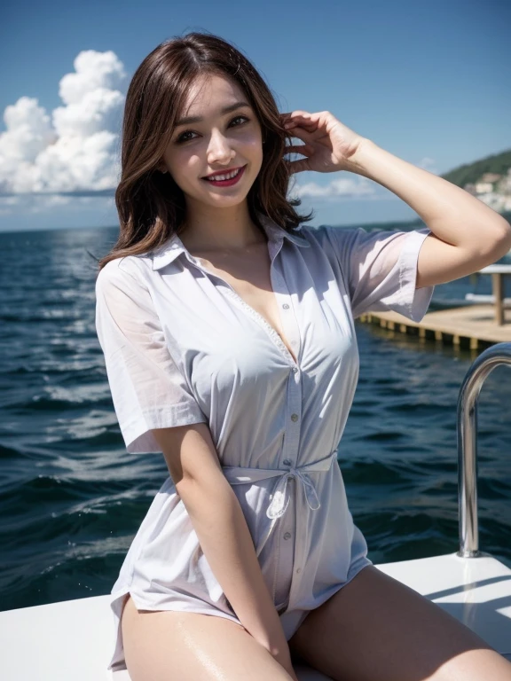 Gray background、pubic hair、Large Breasts、Thighs、Red lipstick、Cute woman、White shirt、(Pink Niskirt)、smile、Open chest shirt、(A wet shirt with underwear showing through)、Wet Hair、Gazing at the sea、smile、On the boat、Raising his arms、Looking from below、Cloud、blue sea、(Hair tousled by the wind)、