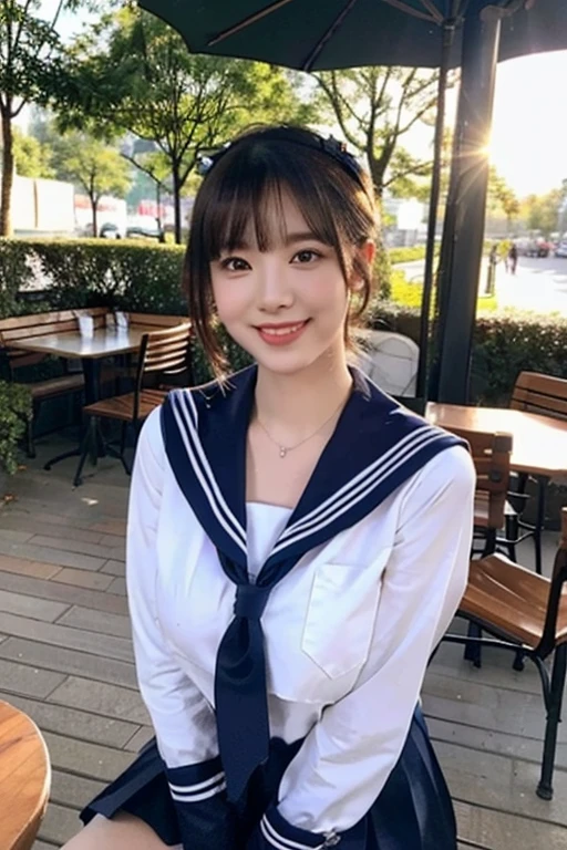 (1girl, youthful and beautiful woman, age 20s, wearing the iconic japanese high,  white shirt with buttons, pleated mini-skirt, red neck collar ribbon, short red tie, serafuku, ponytail hair, short hair, bob hair with side bangs, sailor hat, sailor uniform,
BREAK
sitting in an outdoor cafe, Friendly Kind smile, beautiful detailed eyes, beautiful detailed lips, beautiful detailed face, extremely detailed eyes and facial features, long eyelashes, natural color lips, ample bosom, huge breasts, perfect anatomy, super cute, natural pose looking at camera, high angle camera shot, High-angle shot, 
BREAK 
 Photorealism, Ultra-realistic, portrait, vivid colors, photo-realistic, UHD, 4k, 8k, ultra-detailed, finely detailed, high resolution, masterpiece, best quality, illustration, perfect dynamic composition, bokeh background, sunrise, sun rays, lens flare, safe for work, SFW)