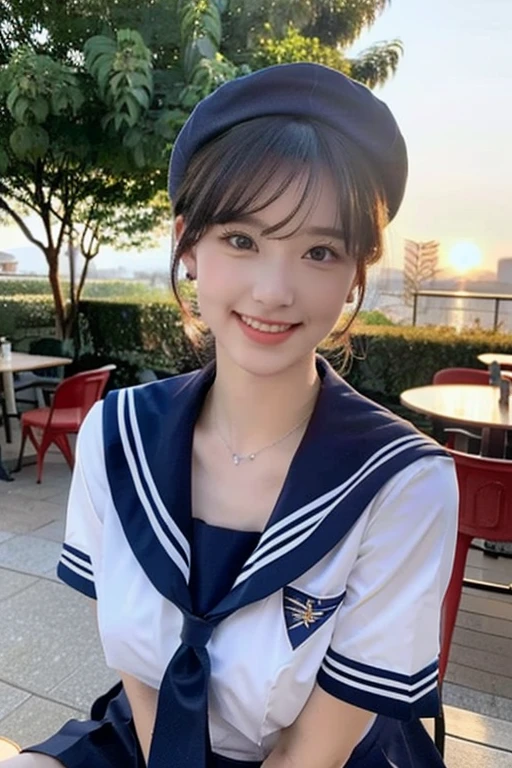 (1girl, youthful and beautiful woman, age 20s, wearing the iconic japanese high, white shirt with buttons, pleated mini-skirt, red neck collar ribbon, short red tie, serafuku, ponytail hair, short hair, bob hair with side bangs, sailor hat, sailor uniform,
BREAK
sitting in an outdoor cafe, Friendly Kind smile, beautiful detailed eyes, beautiful detailed lips, beautiful detailed face, extremely detailed eyes and facial features, long eyelashes, natural color lips, ample bosom, huge breasts, perfect anatomy, super cute, natural pose looking at camera, high angle camera shot, High-angle shot,
BREAK
Photorealism, Ultra-realistic, portrait, vivid colors, photo-realistic, UHD, 4k, 8k, ultra-detailed, finely detailed, high resolution, masterpiece, best quality, illustration, perfect dynamic composition, bokeh background, sunrise, sun rays, lens flare, safe for work, SFW)