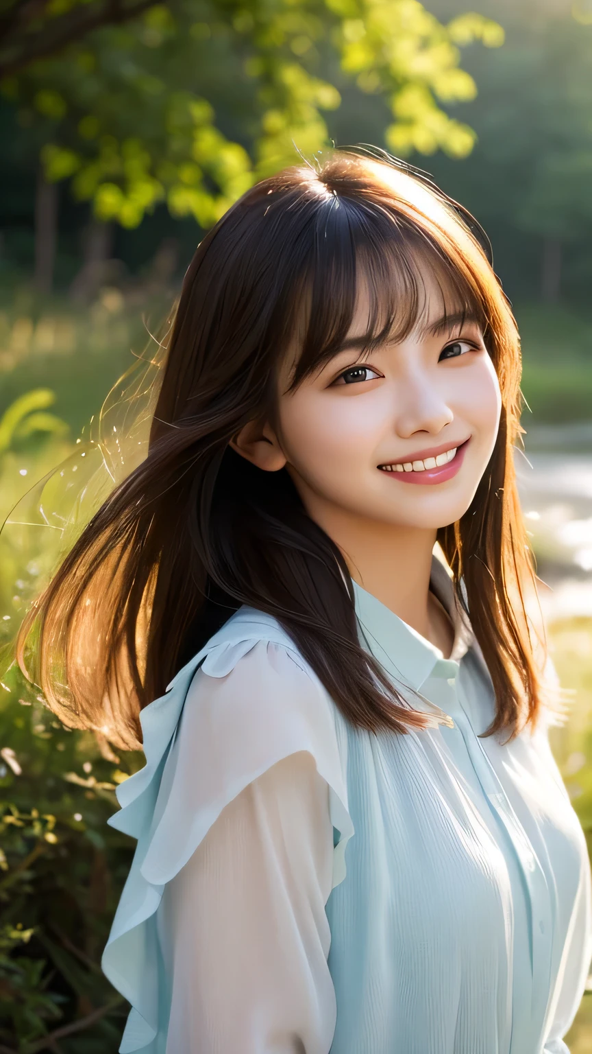 (Photo realistic:1.4), (Surreal:1.4), (Smooth lighting:1.05), 1 girl, (Sad Smile:1.4), Open your mouth a little, Pure beauty, 22 years old, Soft lighting, Backlight, (Cheerfulness:1.2), (Top quality real texture skins), I narrowed my eyes., Very beautiful face, Glowing Skin, retina, Anatomically correct, Acura, Super Detail, Textured skin, high quality, Attention to detail, 最high quality, High resolution,Morning forest with clear water flowing through it, Medium length hair swaying in the wind, bangs, blouse