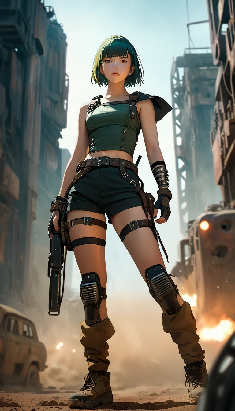 (low angle shot:1.5), (full body shot:1.2), (ohwx woman),(woman), anya taylor-joy as Furiosa, very short hair, painted black half face, single mechanical arm, wastelands, cinematic Hollywood film, digital painting, highly detailed,  masterpiece, octane render, 8k, photorealistic, dramatic lighting, gritty, post-apocalyptic, dystopian, muted colors, dust storm, windblown hair, intense gaze, strong jawline, rugged features, determined expression