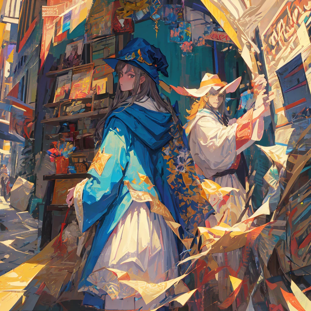 a cartoon wizard with a long beard and a hat, Gandalf-like, blue robes, spell casting, looking at camera, arms open, detailed facial features, intricate textures, vibrant colors, digital art, concept art style, 8-bit style