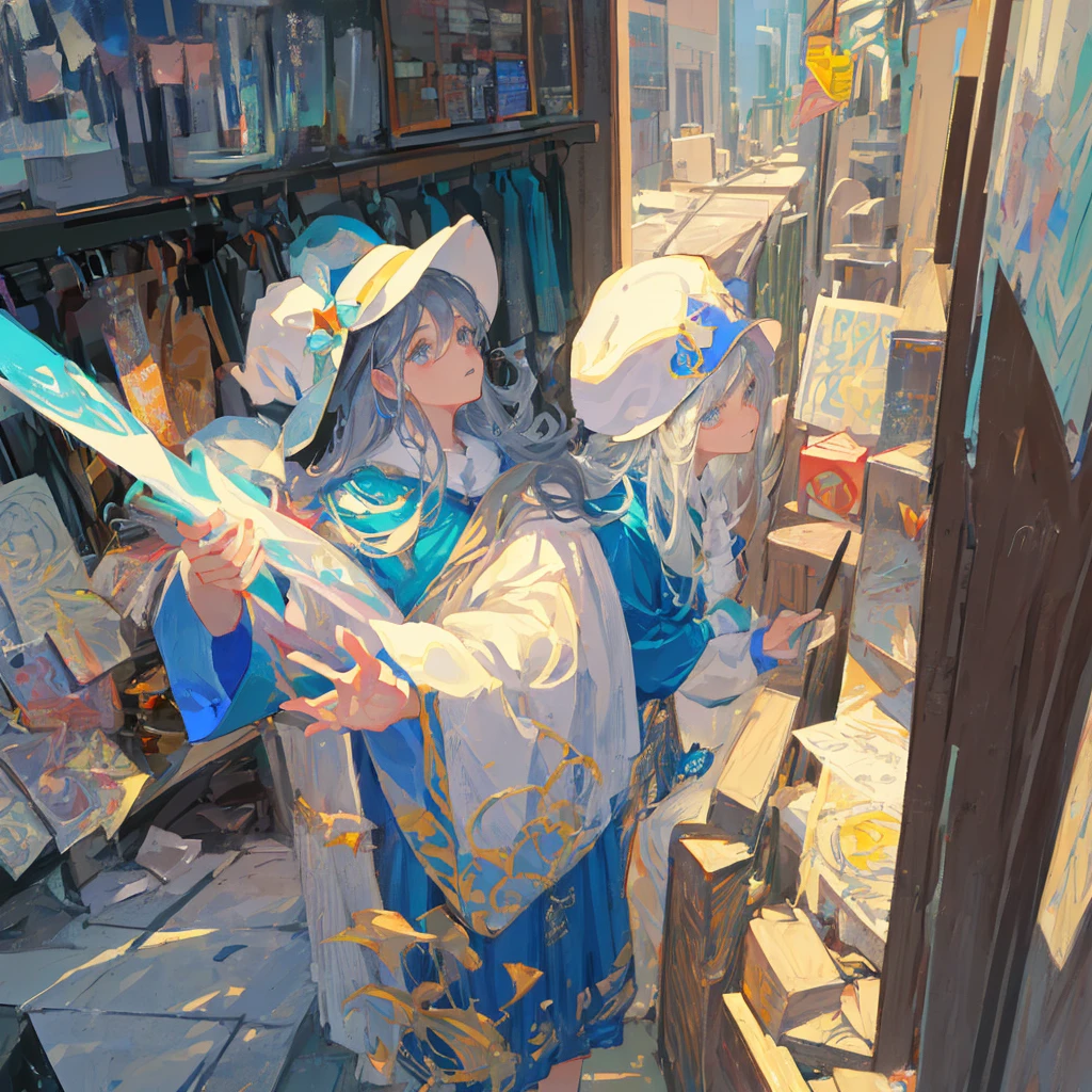 a cartoon wizard with a long beard and a hat, Gandalf-like, blue robes, spell casting, looking at camera, arms open, detailed facial features, intricate textures, vibrant colors, digital art, concept art style, 8-bit style