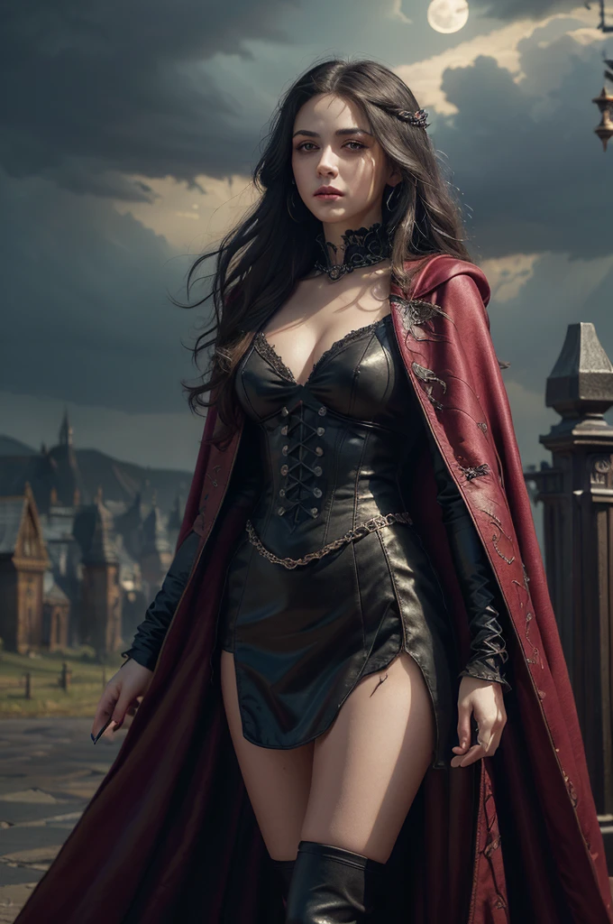Fantasy art, Gothic art, (masterpiece:1.5), whole body, best details, very detailed, Best quality, glowing purple, a high resolution, Full-length portrait of a vampire, elf (masterpiece, Best quality: 1.6), ultra feminine, Wizard, (complex parts, masterpiece, Best quality: 1.5) with long, curly hair,  black hair hair, (red: 1.2) eyes, (Fantasy art, masterpiece, Best quality), ((Beautiful gentle face)), Ultra detailed face (complex parts, Fantasy art, masterpiece, Best quality: 1.5), [[vampire fangs 1.5]] (red cloak: 1.3) , flowing cloak (complex parts, Fantasy art, masterpiece, Best quality: 1.3), wear fancy clothes (BLUE:1.3) dress (complex parts, Fantasy art, masterpiece, Best quality: 1.5), high heel boots, City background (rich details, play up the details), Fantasy, In the Night Light, natural ,Moonlight, clouds, Gothic atmosphere, soft light, dynamic light, [[Anatomically correct]], high detail, Best quality, 8 K, [Ultra detailed], masterpiece, Best quality, (extremely detailed), Dynamic angle