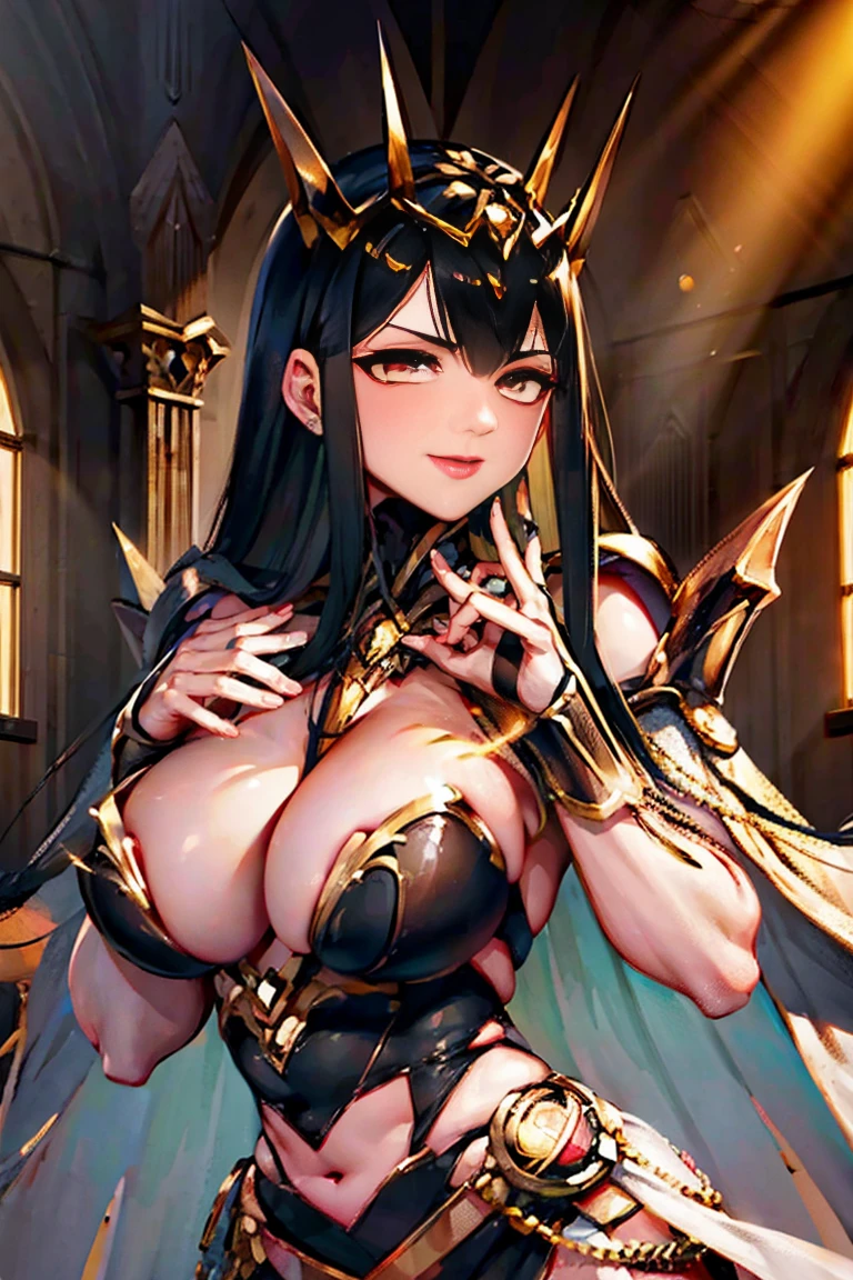 black hair, bare shoulder, red eyes, very long hair, cleavage, large breasts, dress, showgirl skirt, high-leg, cleavage cutout, tiara, bare thighs, gauntlets, bare shoulder, (((extremely detailed hands and fingers, ultra detailed hands and fingers, super detailed hands and fingers, perfect female hands and fingers, biologically accurate hands and fingers, 5 fingers accurate hands and fingers, beautiful hands and fingers, hands and fingers drawing, human hand and fingers))), adult face, fearless face, both arms, two arms, both hands, two hands,　perfect arrangement of fingers