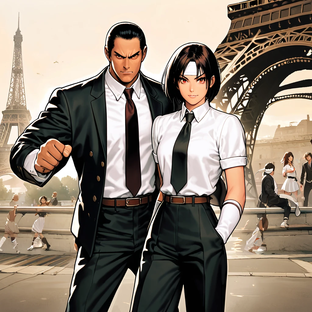 masterpiece、2 people、Men and women before the match、glare at each other、One to One、最high resolution、8k、With a grin、Fighting Pose、: 1.5,(Kyo Kusanagi), Man has black skin、Red eyes、One person、((White headband))ツーshot、Black jacket(Roll up your sleeves)、Fingerless gloves、Black Hair、White T-shirt、Black pants、White shoes、Brown belt、boyish、good looking、shot、Charming、masterpiece、high resolution、Detailed face、granular、morning、A confident smile、Man and woman fighting against the backdrop of the Eiffel Tower in Arleuch-air-laden cheer、Same hair、Same hairと服、Angry face: 1.Attack Speed 5, Fast Attack, Angry face, Angry face