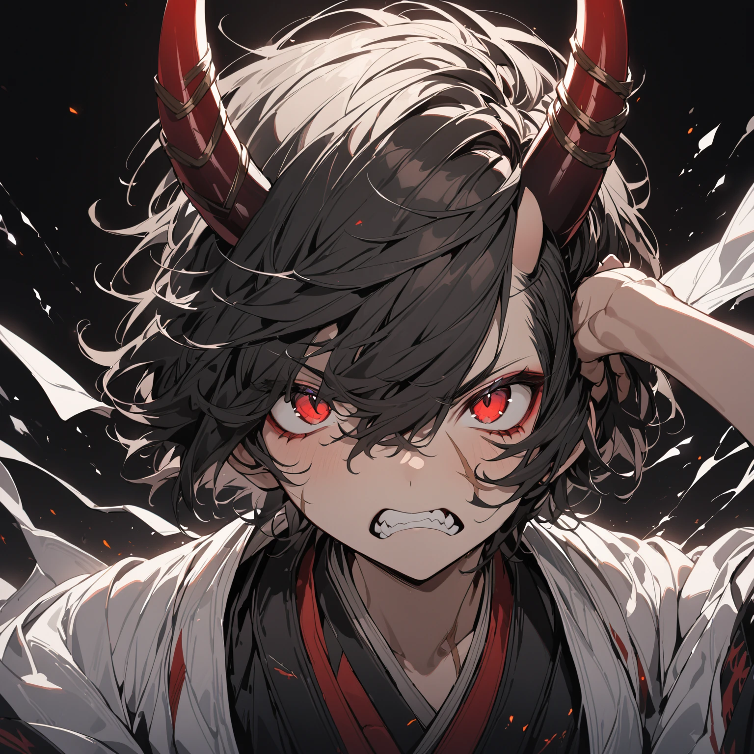 ((BLACK BACKGROUND:1.5)), masterpiece, best quality, ultra detailed, exquisite, beautiful, highres, abyss, ((1 boy)), shota, oni, Angry, looking at viewer, men's short hair, hair covering eyes, black hair, red eyes, japanese clothes, with a scar, with horns, 13-year-old, outside, upper body, ((headshot))