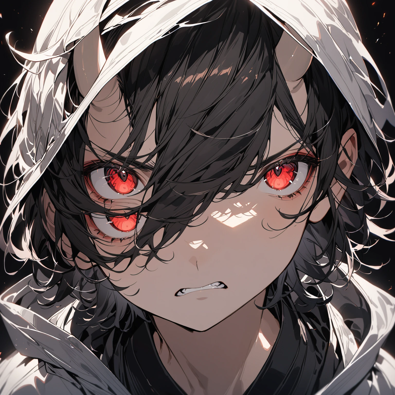 ((BLACK BACKGROUND:1.5)), masterpiece, best quality, ultra detailed, exquisite, beautiful, highres, abyss, ((1 boy)), shota, oni, Angry, looking at viewer, men's short hair, hair covering eyes, black hair, red eyes, japanese clothes, with a scar, with horns, 13-year-old, outside, upper body, ((headshot))