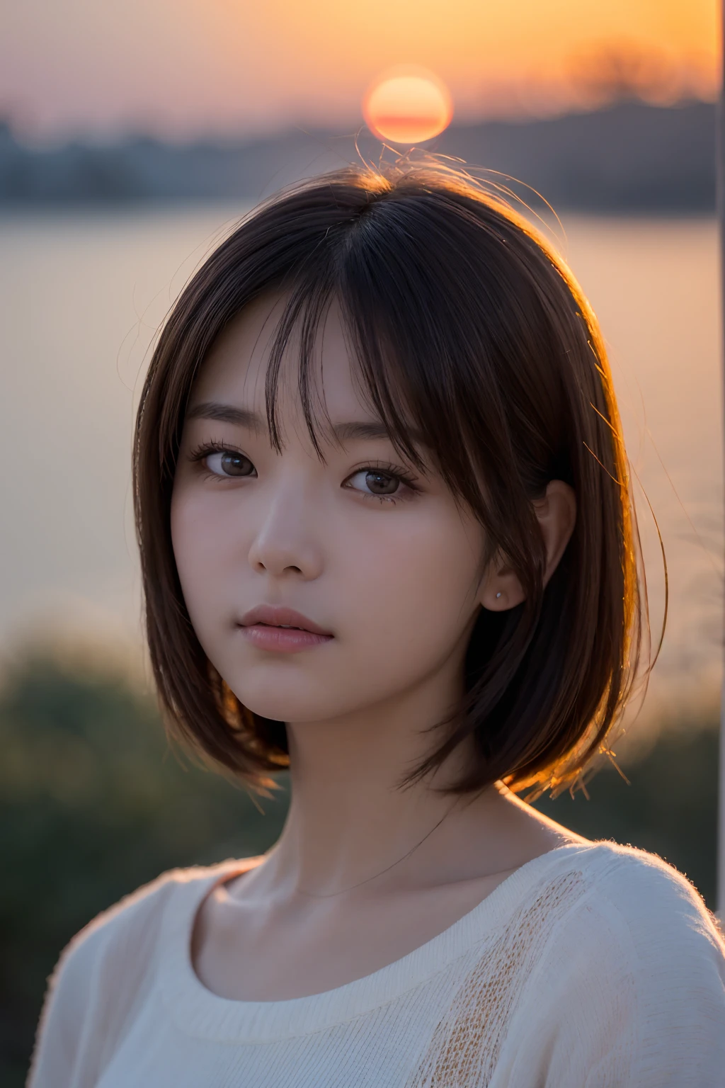 (masterpiece:1.2),(Highest quality),(Very detailed:1.2),(High resolution),(Photorealistic Stick),(RAW Photos),8k,Close-up of,Soft portrait photography,Beautiful Japanese Woman,Gorgeous face portrait,Eye light,Girl of the person himself,Very beautiful face,Beautiful portrait,A lovely and delicate face,Beautiful young Japanese woman,Mature hairstyle,Look here(Sunset in the background),(((Blur the background))),(Gentle light:1.5),(Over my shoulder),(pov shot)
