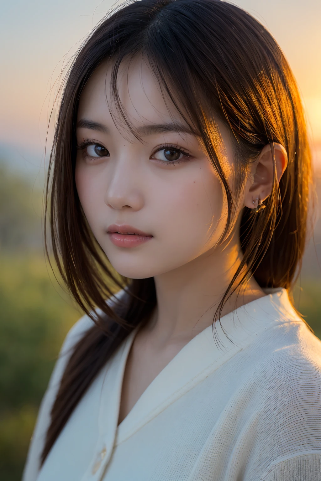 (masterpiece:1.2),(Highest quality),(Very detailed:1.2),(High resolution),(Photorealistic Stick),(RAW Photos),8k,Close-up of,Soft portrait photography,Beautiful Japanese Woman,Gorgeous face portrait,Eye light,Girl of the person himself,Very beautiful face,Beautiful portrait,A lovely and delicate face,Beautiful young Japanese woman,Mature hairstyle,Look here(Sunset in the background),(((Blur the background))),(Gentle light:1.5),(Over my shoulder),(pov shot)