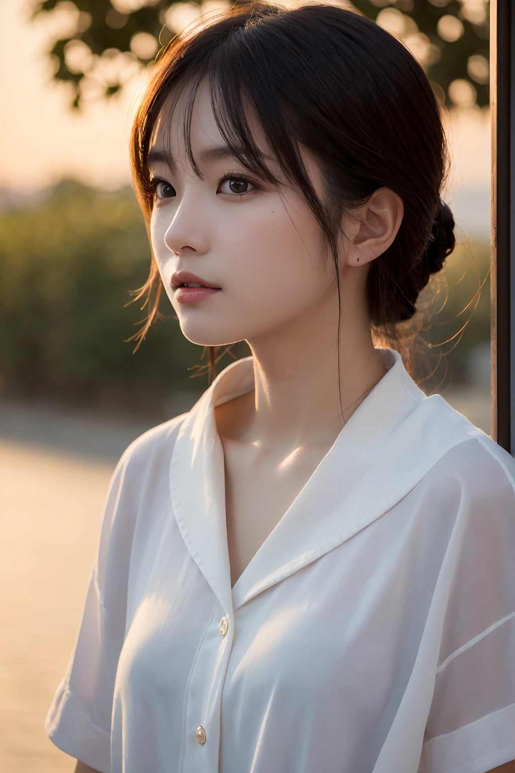 (masterpiece:1.2),(Highest quality),(Very detailed:1.2),(High resolution),(Photorealistic Stick),(RAW Photos),8k,Close-up of,Soft portrait photography,Beautiful Japanese Woman,Gorgeous face portrait,Eye light,Girl of the person himself,Very beautiful face,Beautiful portrait,A lovely and delicate face,Beautiful young Japanese woman,Mature hairstyle,Look here(Sunset in the background),(((Blur the background))),(Gentle light:1.5),(Over my shoulder),(pov shot)