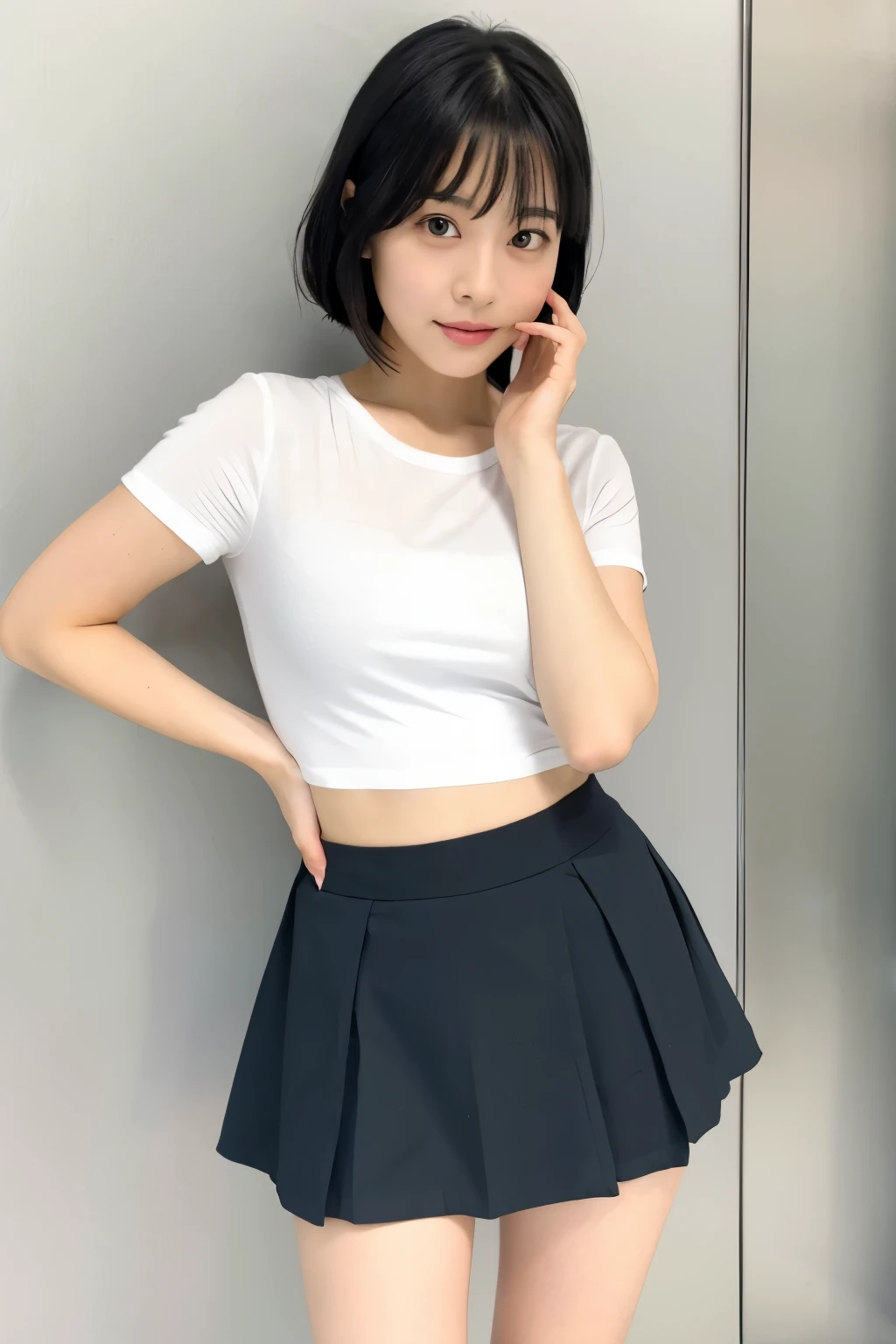 A Japanese lady, fit, Small chest and thin waist, Pretty Face, beautiful eyes, Natural Makeup, Black short hair, Wear a shirt and short skirt, Review your audience, 1 Girl, Solitary, Detailed face and eyes, Little fingers and arms. Full body image. Practical, Reality.