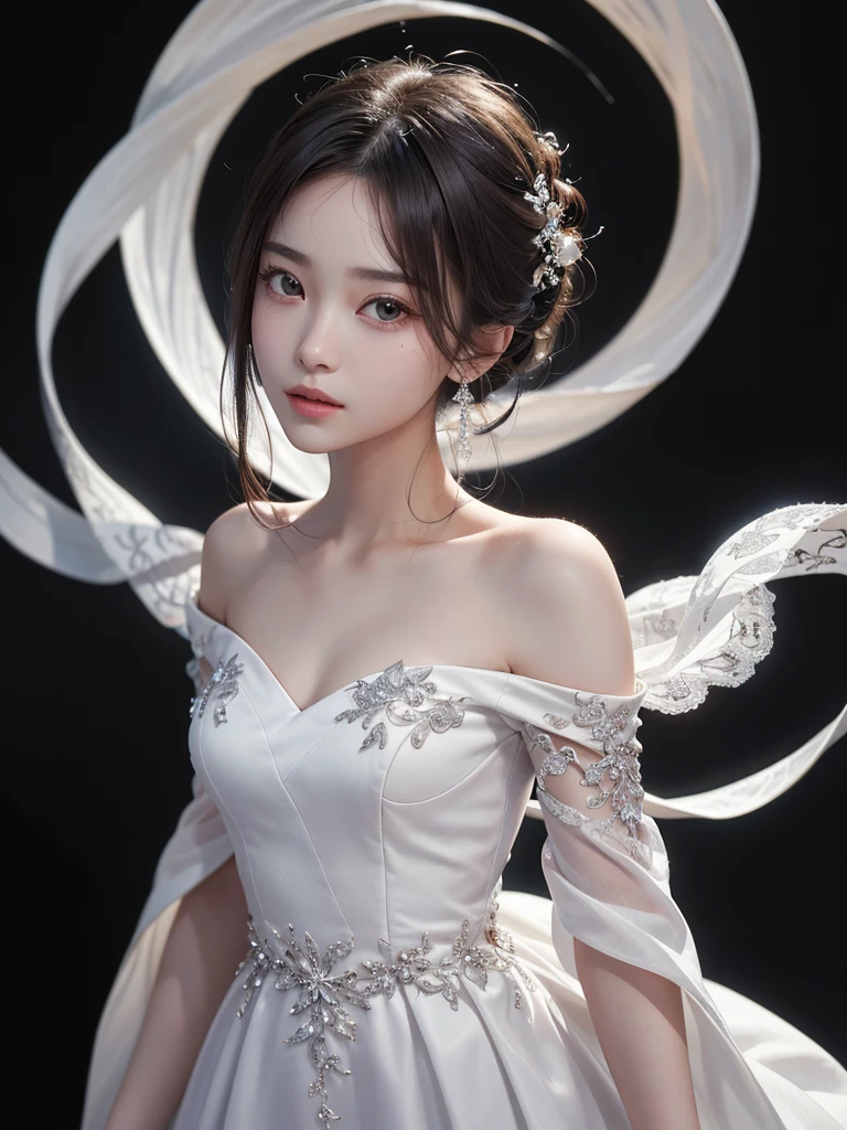 masterpiece, 1 beautiful girl, fine grain, Swollen eyes, Highest quality, Ultra High resolution, (reality: 1.4), Cinema Lighting, Japanese, Asian Beauty, Korean, so beautiful, Beautiful Skin, thin, Body facing forward, (Ultra-realistic), (High resolution), (8k), (Very detailed), ( Best illustrations), (Beautiful and detailed), (Very detailed), (wallpaper), Detailed face, Bright lighting, Professional Lighting, View your audience, Look straight ahead, White Dress, 46 point diagonal bangs, Black background、Off-the-shoulder dress 1.5