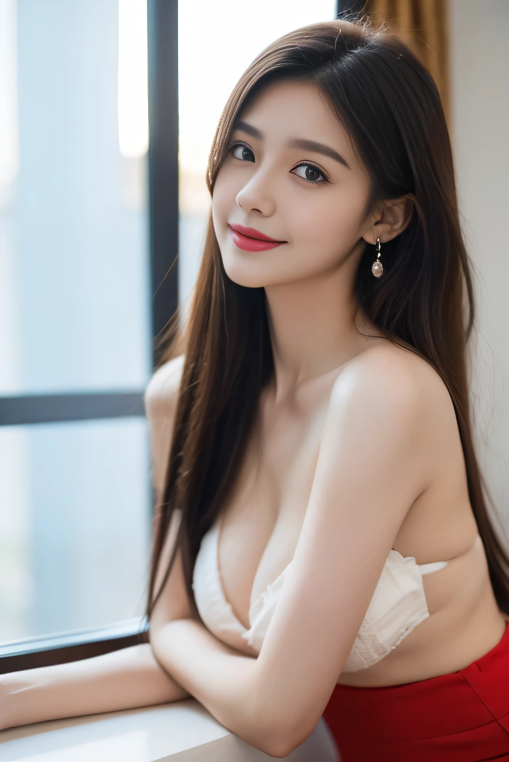 The content is very detailed, original photo, Professional photography, quality stage lights, ((red slit short skirt)), Indoor and below, (Office room, Dark Night Classroom), night sky, depth of field,Blushed,raised eyebrows,very shy,((platin sarısı ince saç: 1.5)), sky blue eyes,Ruddy complexion,looking at the audience,thin earrings,epic,concept art,best quality ,extremely delicate and beautiful, Very detailed,best quality, official art, Extremely detailed CG unified 8k wallpaper, Super detailed, high resolution,positive focus,Beautiful and delicate face,sparkling eyes,The most beautiful woman in the world,Mature lady,Expose the lower half of the bulb,Round and plump breast balls,firm breast balls,Ultra thin,translucent,Naturally lips, quality breasts, braless, no-bra, nude, pretty smile
