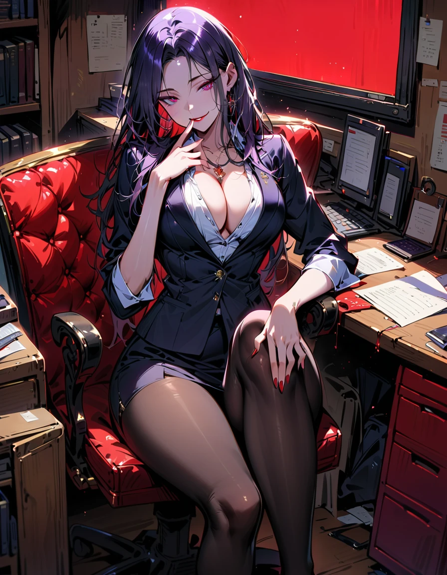 Mature beautiful woman,(Highest quality,Extremely detailed depiction,Incredibly absurd high resolution,Anatomically accurate depiction,Curvy Legs),(Glowing Skin,Shiny skin),(Office Lady,An excellent female secretary,Villainess),(business suit,Tight Skirt,Formal Shirt,High heels,Black Pantyhose,Luxurious accessories),eyelash,(Purple eyes,Detailed pupil,Half-closed eyes:1.3,There is cleavage in the chest,Wicked Smile,Glossy red lipstick,Sitting,Seductive gestures),whole body,(background:In the office,)