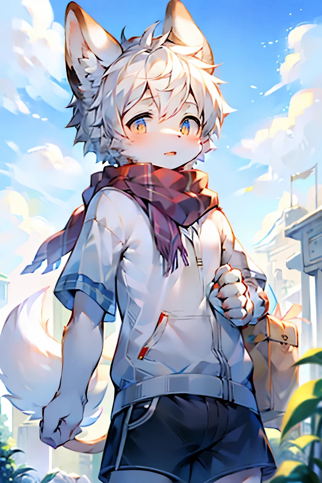 Arctic Hare Boy,Furry boys,Baby characteristics,Beast Features,White Arm,White hair,scarf,shorts,Outdoor bright background
