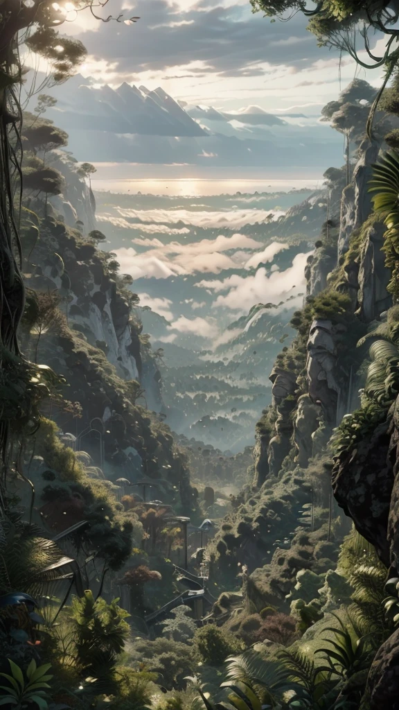A tranquil and scenic landscape depicting lush mountains and a small village against the backdrop of sunlight filtering through the clouds and a sea of clouds.