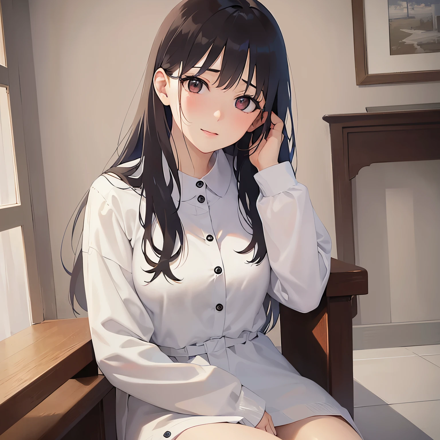 （looking away:1.5）,Upper Body,head tilt,wiping tears,
 Realistic, real person, (pale skin: 1.2), RAW photo, photorealistic, shiny skin, shiny hair、
(A 25-year-old woman with medium-length hair and bangs) and (wavy hair) and (brown hair) and (orange eyes) 、
(tearful:1.2),smile,Sitting、White long sleeve dress with collar、The background is the living room