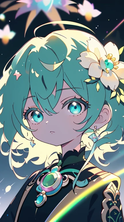 masterpiece, top-quality, illustratio,Fume,long blonde fluffy hair,emerald green, Platinum Earrings, Platinum Necklace,blackdress, 1girl in, cute little, (Dynamic lighting:1.2), lighting like a movie, Delicate Makeup, A detailed eye,depth of fields, bokeh dof, foco nítido, (ultra-detailliert, bloom, Glow:1.4), Many Small Gems
