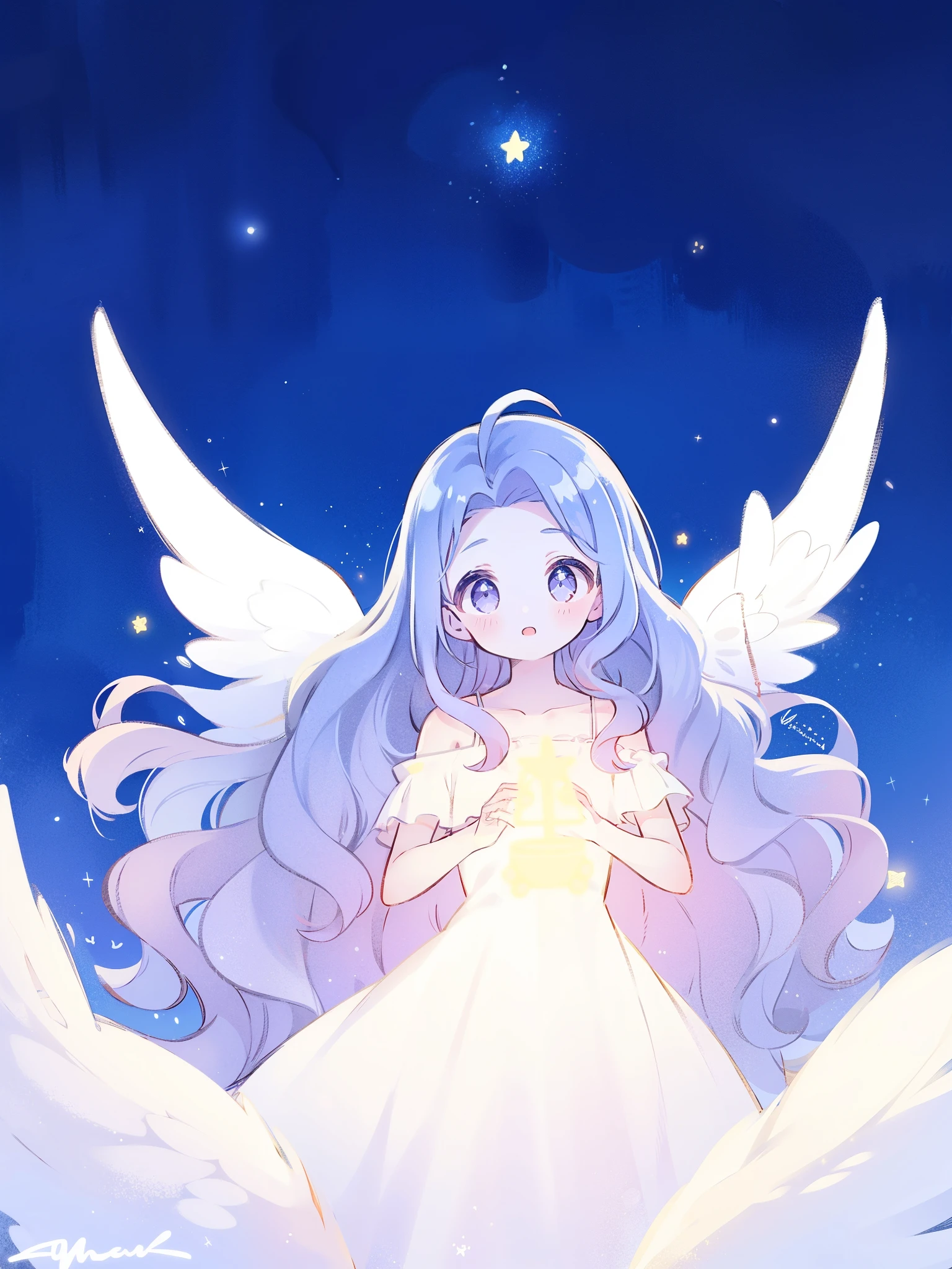 angel girl wearing an ethereal translucent flowing ruffly dress, pale skin, ((wavy gradient blue purple hair)), white feathers, angel wings, sparkling detailed eyes, golden ratio face, perfect composition, highly detailed, ethereal, (starry night sky background), midjourney style
