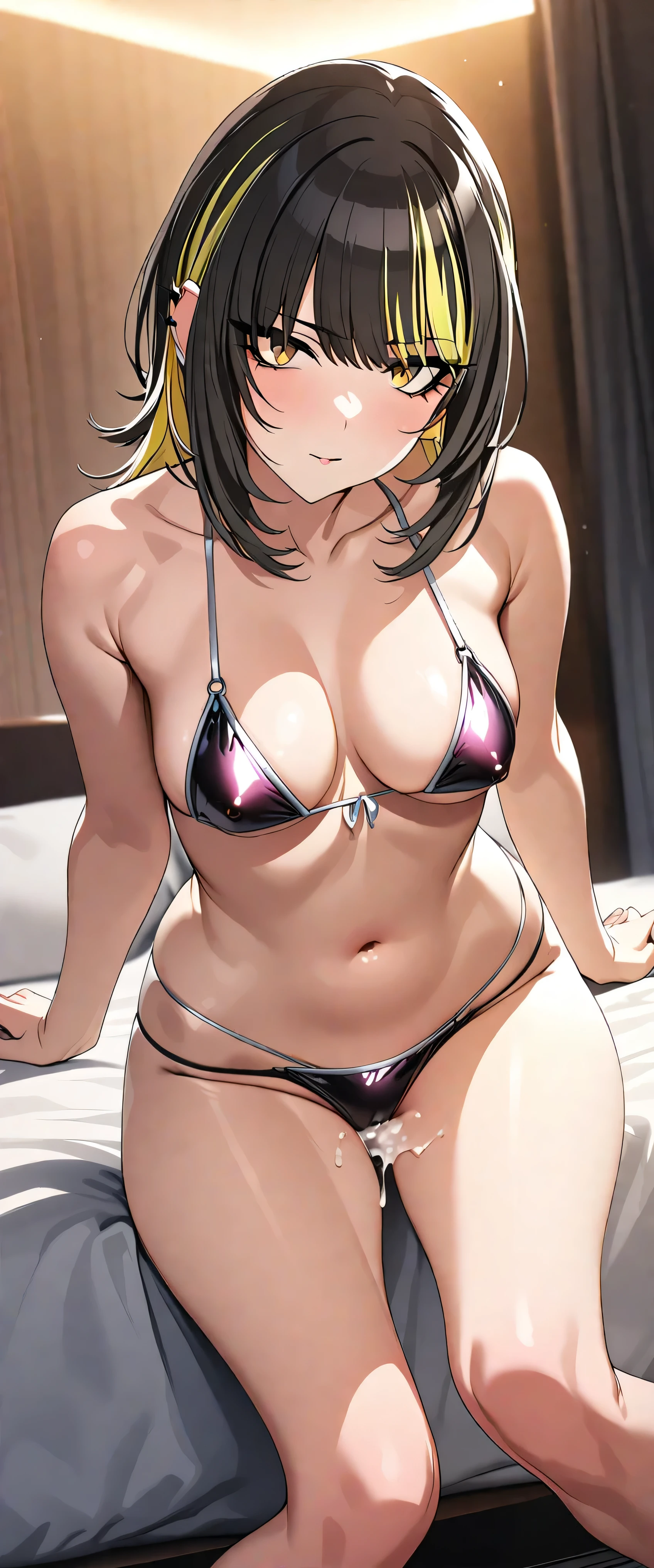 (masterpiece),(best quality),(ultra-detailed),(best illustration),(best shadow),(absurdres),(detailed background),(very aesthetic), luca ikaruga, 1girl, blonde hair, solo, multicolored hair,pinkmetallic verymicrobikini,coverdnipple, yellow eyes, looking at viewer, black hair, hotel room background ,cum,cumshot