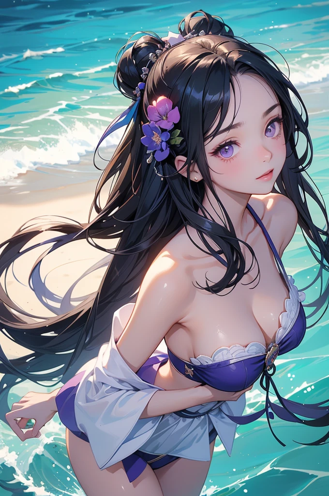 ((best quality)), ((masterpiece)), ((detailed)), ((1girl)), Kimetsu no yaiba screenshot of a girl in charming bikini outfit, a character portrait including heart shape face, dark purple eyes, straight dark black long hair, untie dark black long hair, two roofs hair, smiling, short scandals, variety of body styles, gentle fantasy art, beautiful character painting, white sands, full body style, swimming, in sea background, epic and exquisite character art, stunning character art, beautiful girl.
