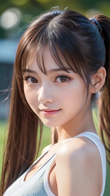 (One Girl), Very cute face, Great face and eyes, (Highly detailed eyes, Highly detailed face), Fresh, Very beautiful appearance, (Super realistic, High resolution), (highest quality:1.4), RAW Photos, (Realistic, Photorealistic:1.37), Professional photography , (see-through white  junior high school uniform:1.3) , (Cleavage:1.2), (Exposing shoulders), Smile a little, (Look at me) , Portrait of a Girl  , (Huge breasts)   , Bare shoulders , () , (ponytail hair) , (The uniform sticks to her and her nipples are visible:1.02) , (small nipple slip from white uniform:1.3)  , wet uniform 