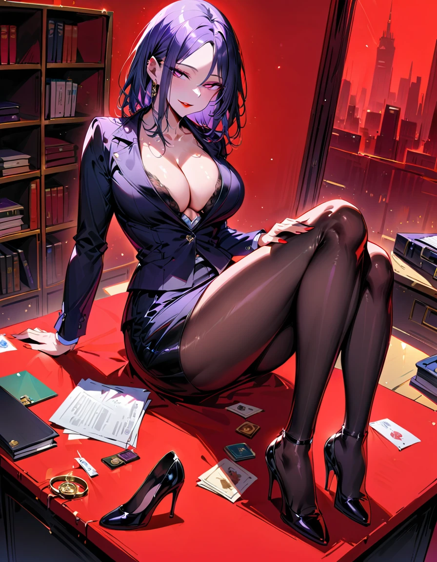 Mature beautiful woman,(Highest quality,Extremely detailed depiction,Incredibly absurd high resolution,Anatomically accurate depiction,Curvy Legs),(Glowing Skin,Shiny skin),(Office Lady,An excellent female secretary,Villainess),(business suit,Tight Skirt,Formal Shirt,High heels,Black Pantyhose,Luxurious accessories),eyelash,(Purple eyes,Detailed pupil,Half-closed eyes:1.3,There is cleavage in the chest,Wicked Smile,Glossy red lipstick,Sitting,Seductive gestures),whole body,(background:In the office,)
