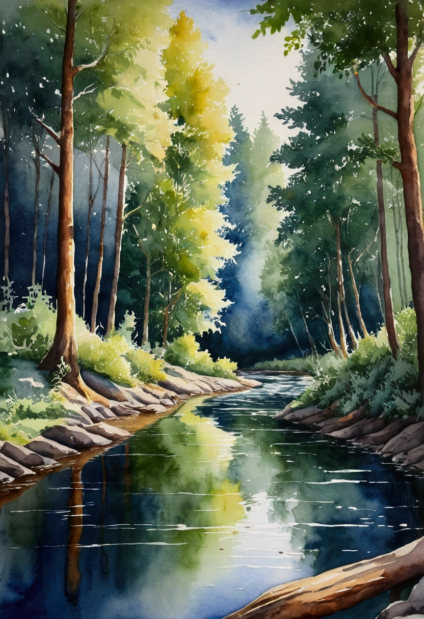 the forest, River, watercolor