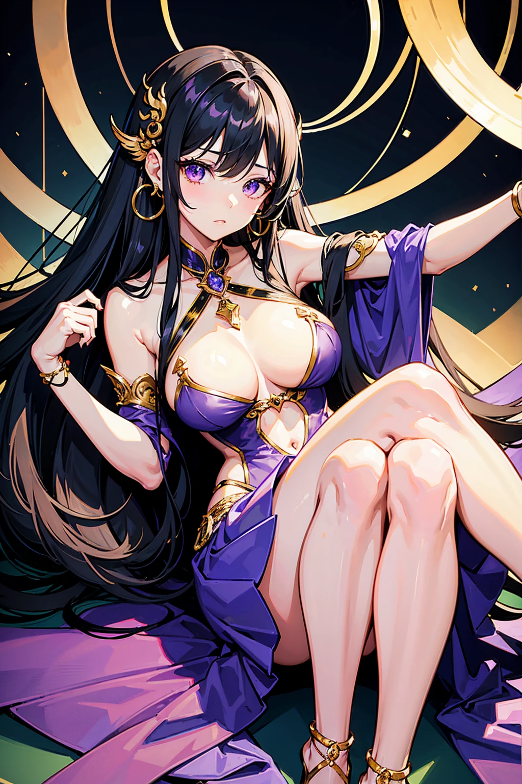 anime girl, boa Hancock, masterpiece, 8k quality, best quality, sitting with her legs crossed. She has long, messy hair, she has feminine features, attractive face, beautiful eyelashes straight black hair that flows down her back and deep purple eyes with a confident expression. She is wearing a purple strapless dress with a deep neckline that reveals part of her chest. the stomach is visible, The dress has a high slit on the left side, showing her legs from thigh to knee, naked shoulders, She is also adorned with large golden hoop earrings, legs and feet are visible, crossed legs,