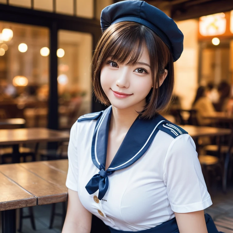 (2 youthful and beautiful women, age 20s, wearing the iconic japanese high ,  white shirt with buttons, pleated mini-skirt, red neck collar ribbon, serafuku, ponytail hair, short hair, bob hair with side bangs, sailor hat, sailor uniform,
BREAK
 Friendly Kind smile, beautiful detailed eyes, beautiful detailed lips, extremely detailed eyes and facial features, long eyelashes, natural color lips, ample bosom, huge breasts, cute, natural pose looking at camera, high angle camera shot, sitting in an outdoor cafe,
BREAK 
 Photorealism, Ultra-realistic, portrait, vivid colors, photo-realistic, UHD, 4k, 8k, ultra-detailed, finely detailed, high resolution, masterpiece, best quality, illustration, perfect dynamic composition, bokeh night background, safe for work, SFW)