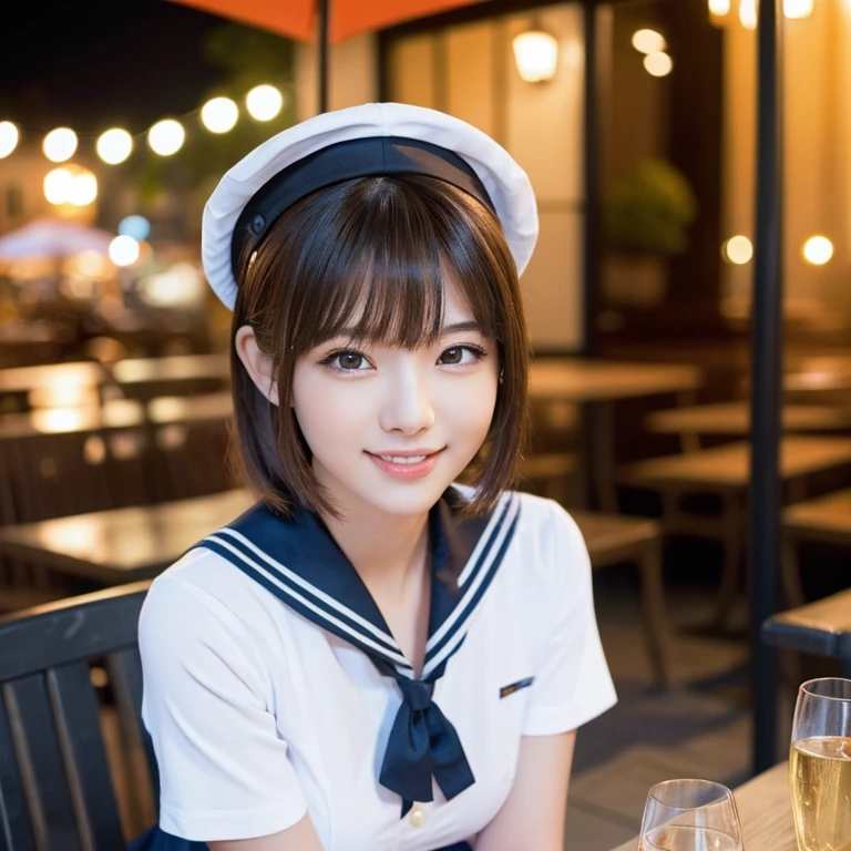 (2 youthful and beautiful women, age 20s, wearing the iconic japanese high , white shirt with buttons, pleated mini-skirt, red neck collar ribbon, serafuku, ponytail hair, short hair, bob hair with side bangs, sailor hat, sailor uniform,
BREAK
Friendly Kind smile, beautiful detailed eyes, beautiful detailed lips, extremely detailed eyes and facial features, long eyelashes, natural color lips, ample bosom, huge breasts, cute, natural pose looking at camera, high angle camera shot, sitting in an outdoor cafe,
BREAK
Photorealism, Ultra-realistic, portrait, vivid colors, photo-realistic, UHD, 4k, 8k, ultra-detailed, finely detailed, high resolution, masterpiece, best quality, illustration, perfect dynamic composition, bokeh night background, safe for work, SFW)