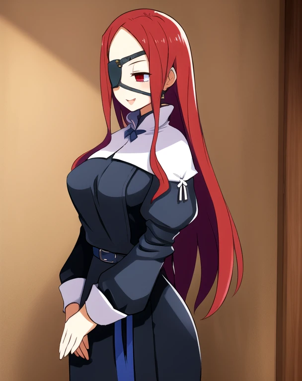 Marietta, right eyepatch, long red hair, smile, red eyes,
blue roped belt,long sleeves,black dress,
standing, long skirt, white gloves
castle, indoors, (insanely detailed, beautiful detailed face, masterpiece, beautiful detailed eyes, best quality)